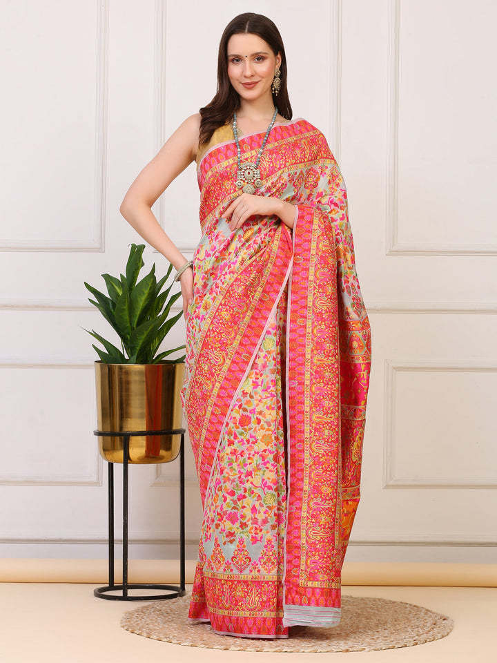 Mint Green Kashmiri Organza Saree