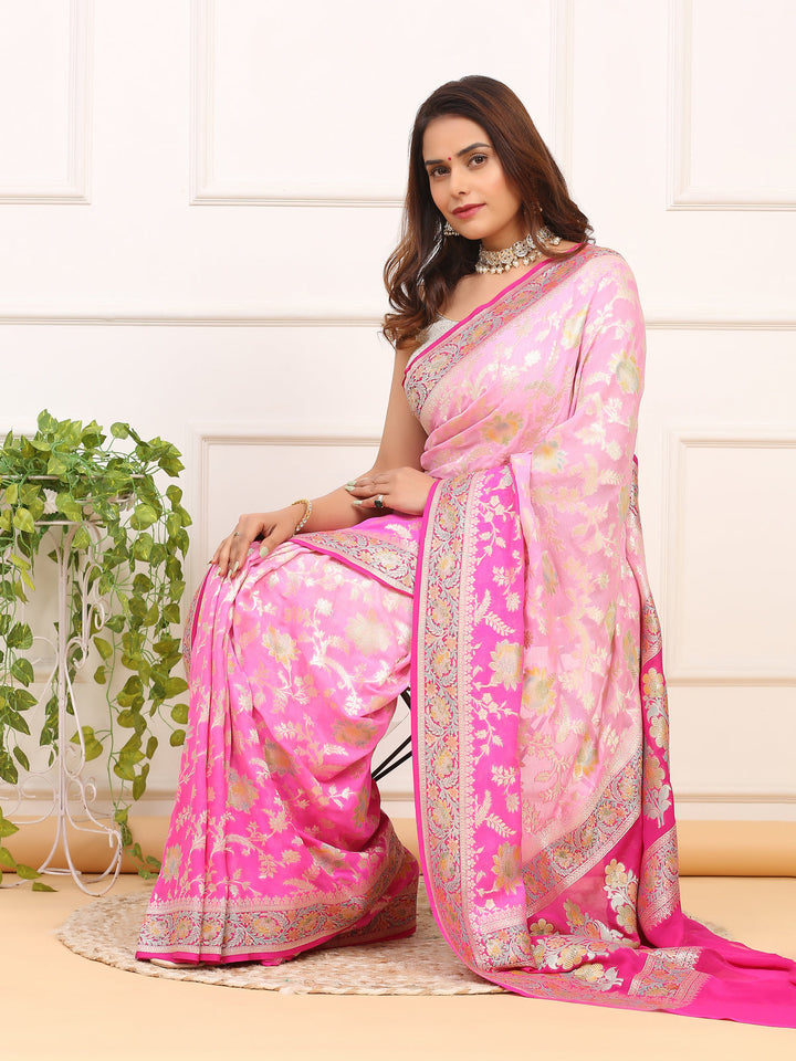 Ombre Pink Khaddi Georgette Silk Saree