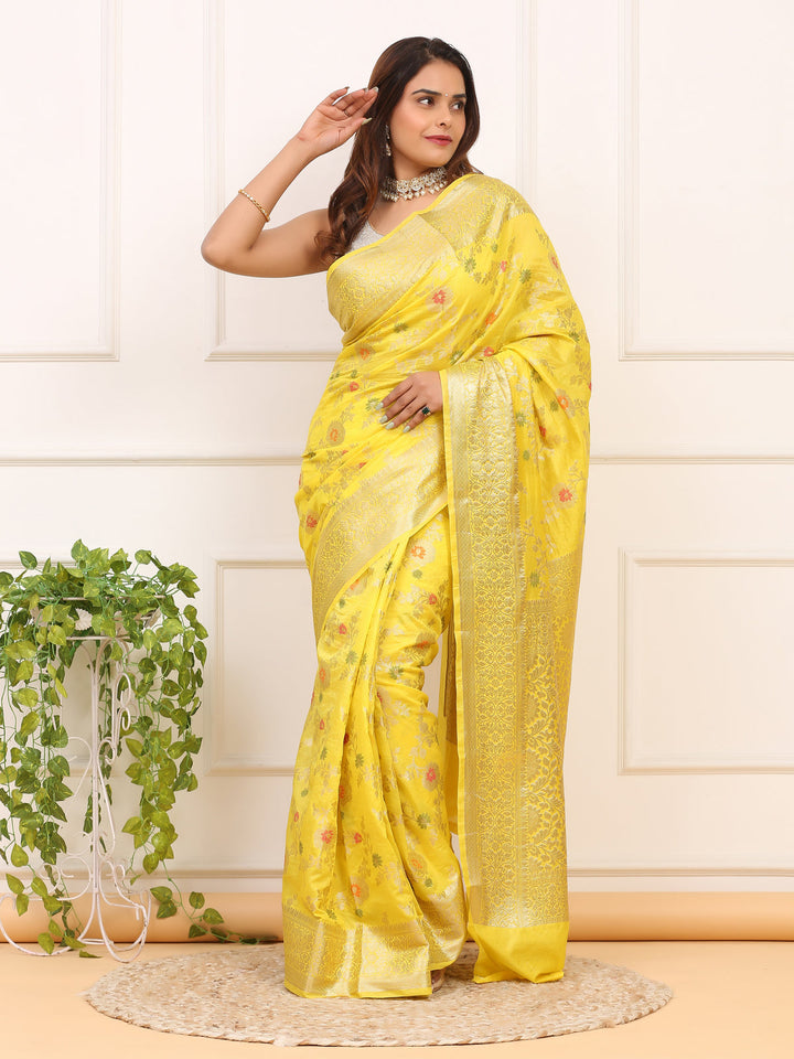 Yellow Banarasi Organza Saree