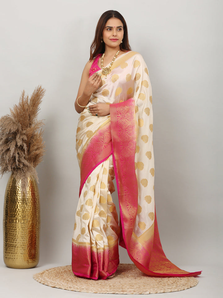 Cream and Pink Kanjivaram Silk Saree