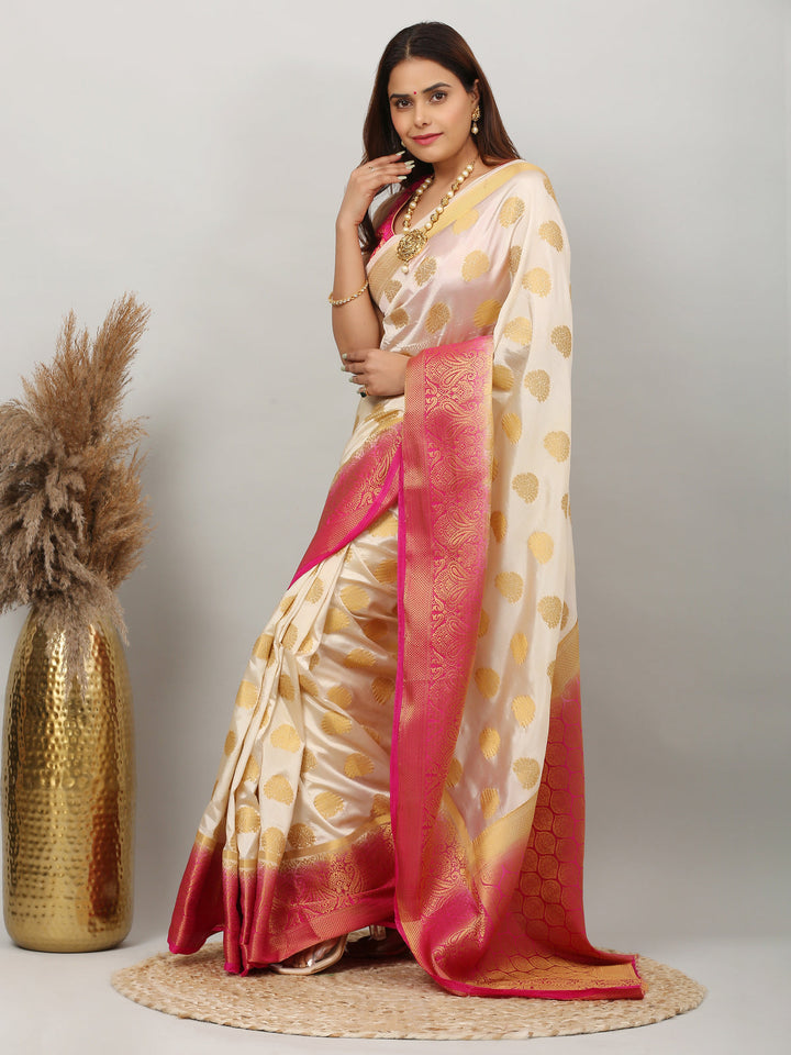 Cream and Pink Kanjivaram Silk Saree