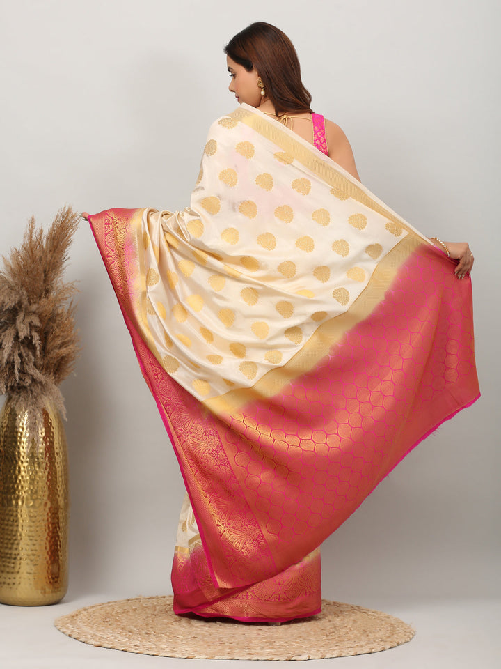 Cream and Pink Kanjivaram Silk Saree