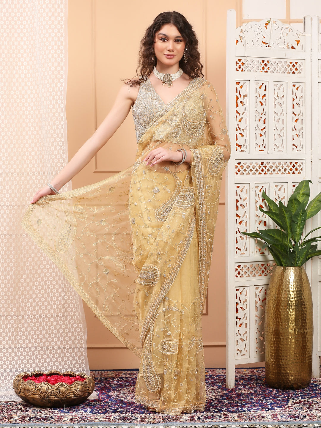 Gold Net Saree