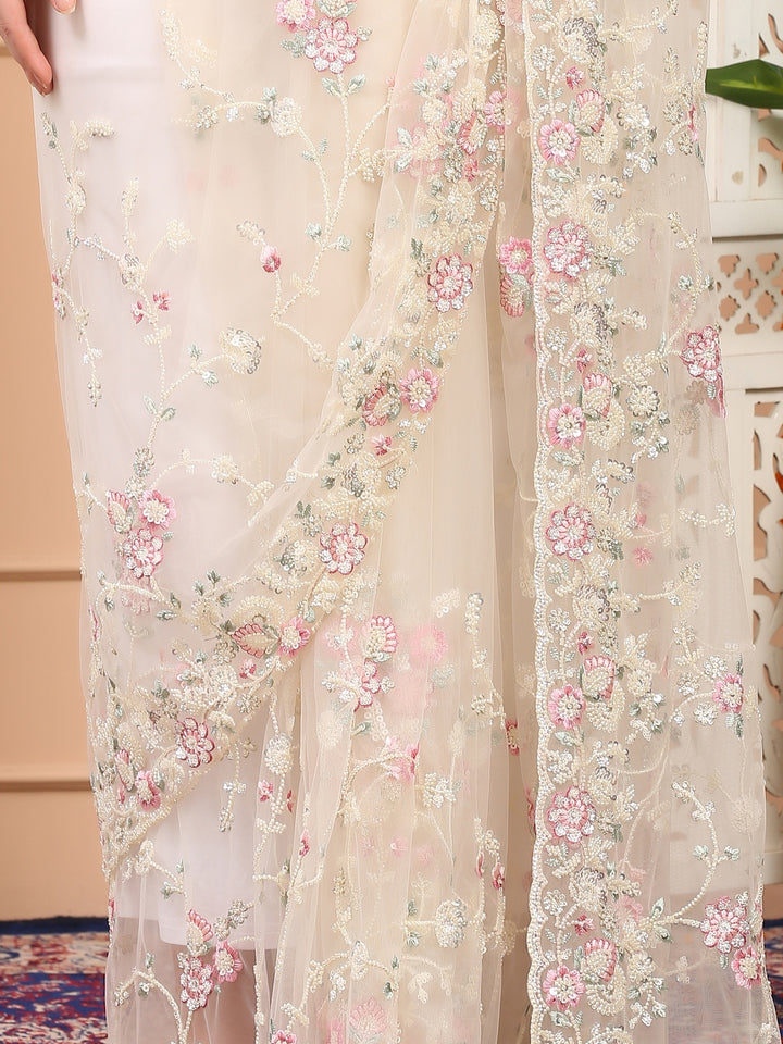 white floral net saree