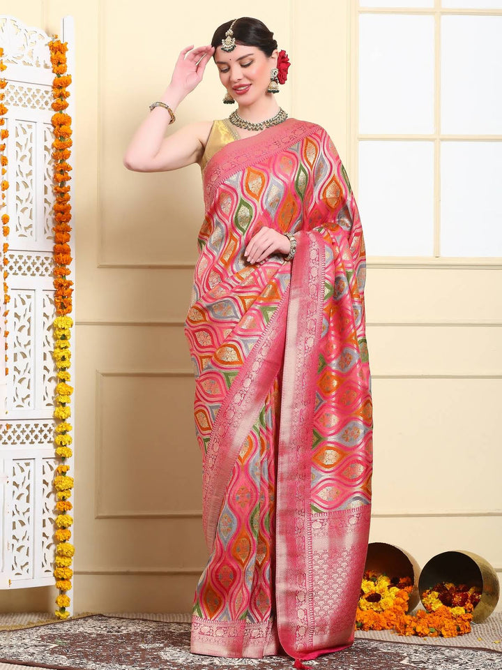 Rainbow Pink Rangkat Silk Saree
