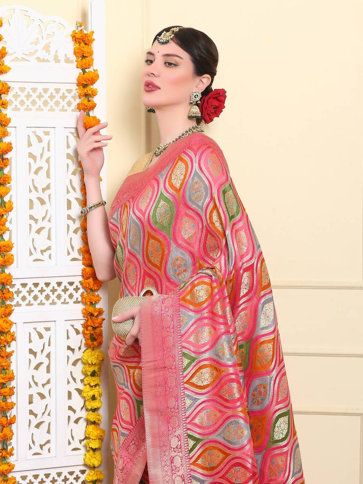 Rainbow Pink Rangkat Silk Saree