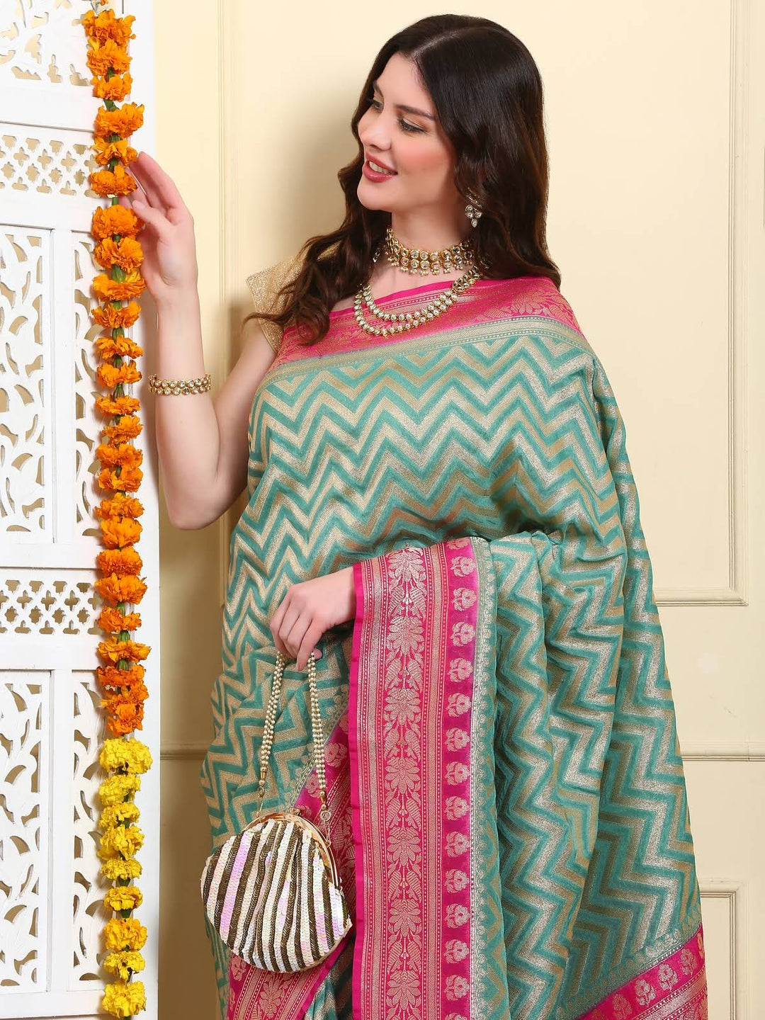 Turquoise Blue Zari Leheriya Saree