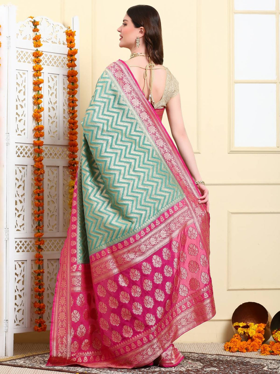 Turquoise Blue Zari Leheriya Saree