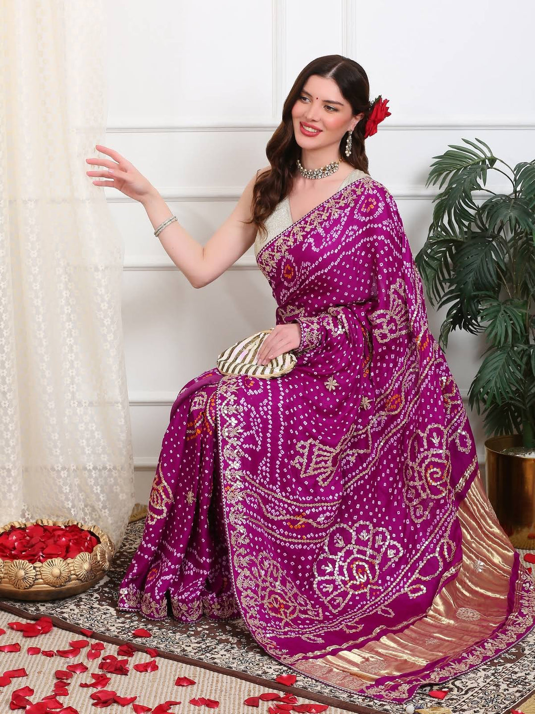 Purple Bandhini Silk Saree