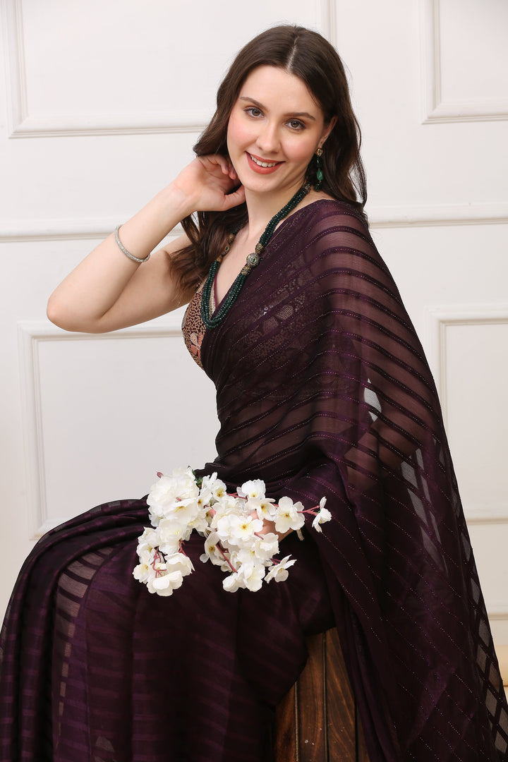 Wine Crepe Sequin Saree