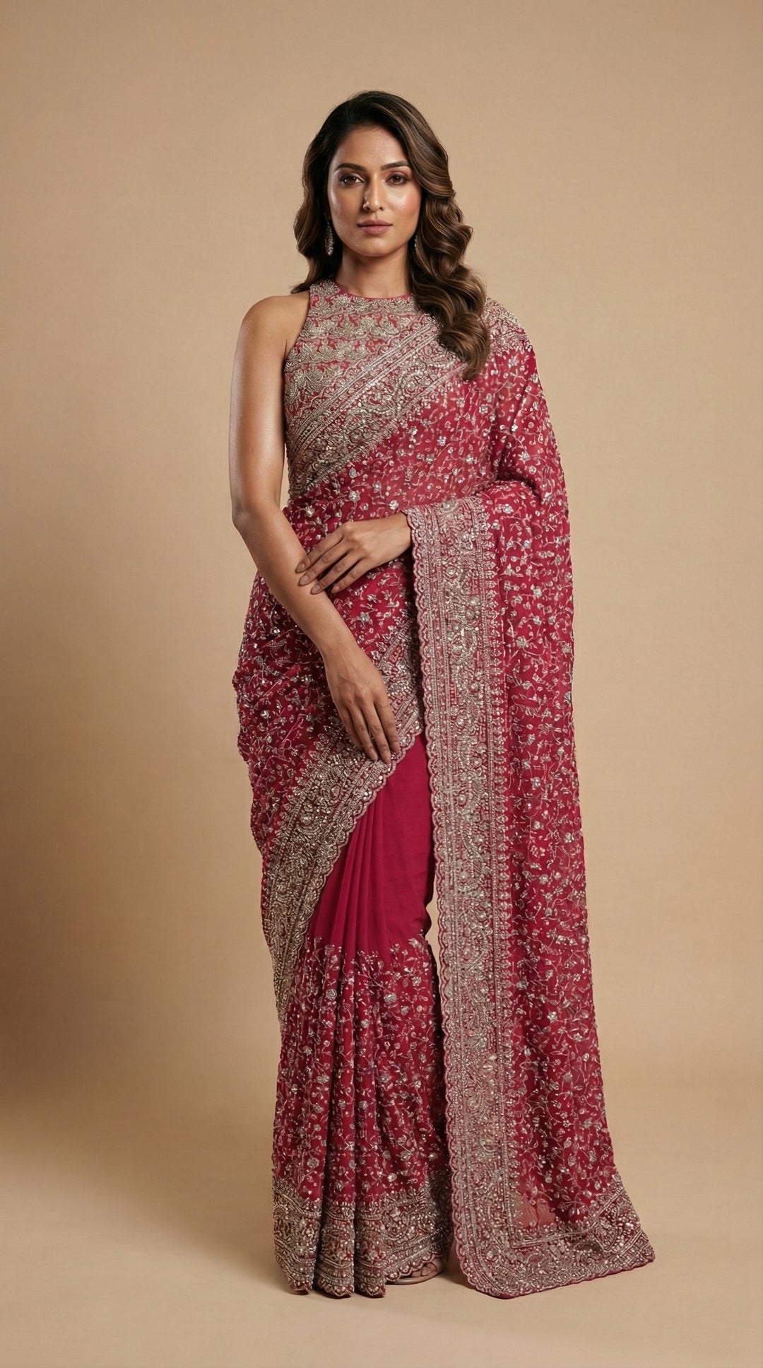 Crimson Red Georgette Saree