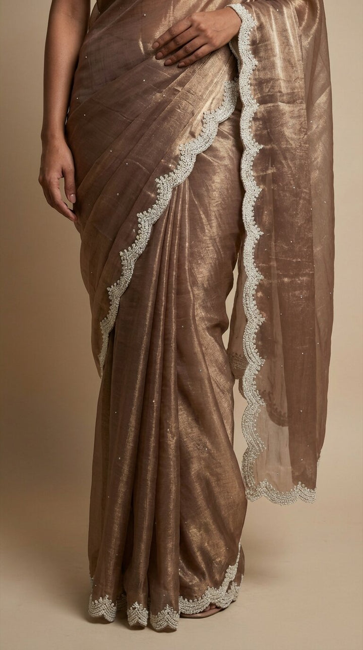Coffee Brown Satin Tissue Saree