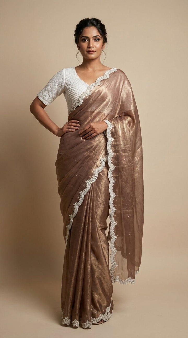 Coffee Brown Satin Tissue Saree
