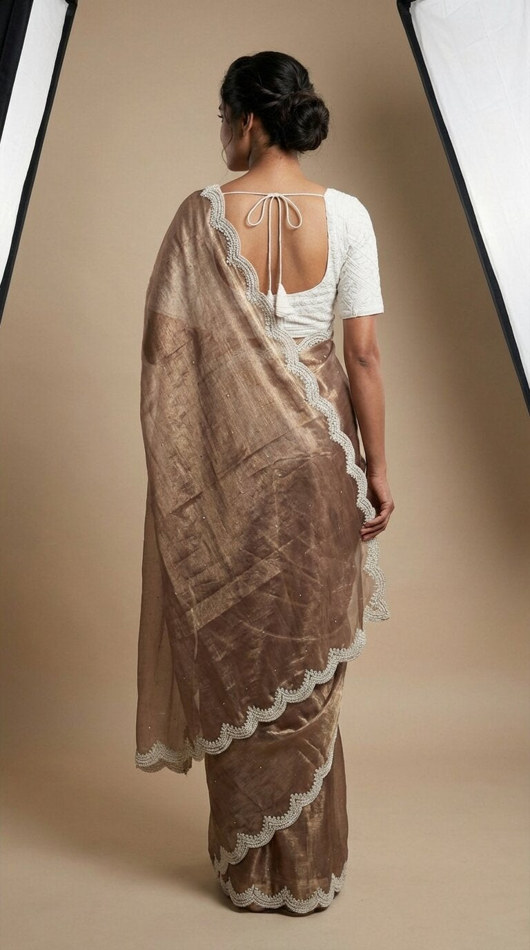 Coffee Brown Satin Tissue Saree