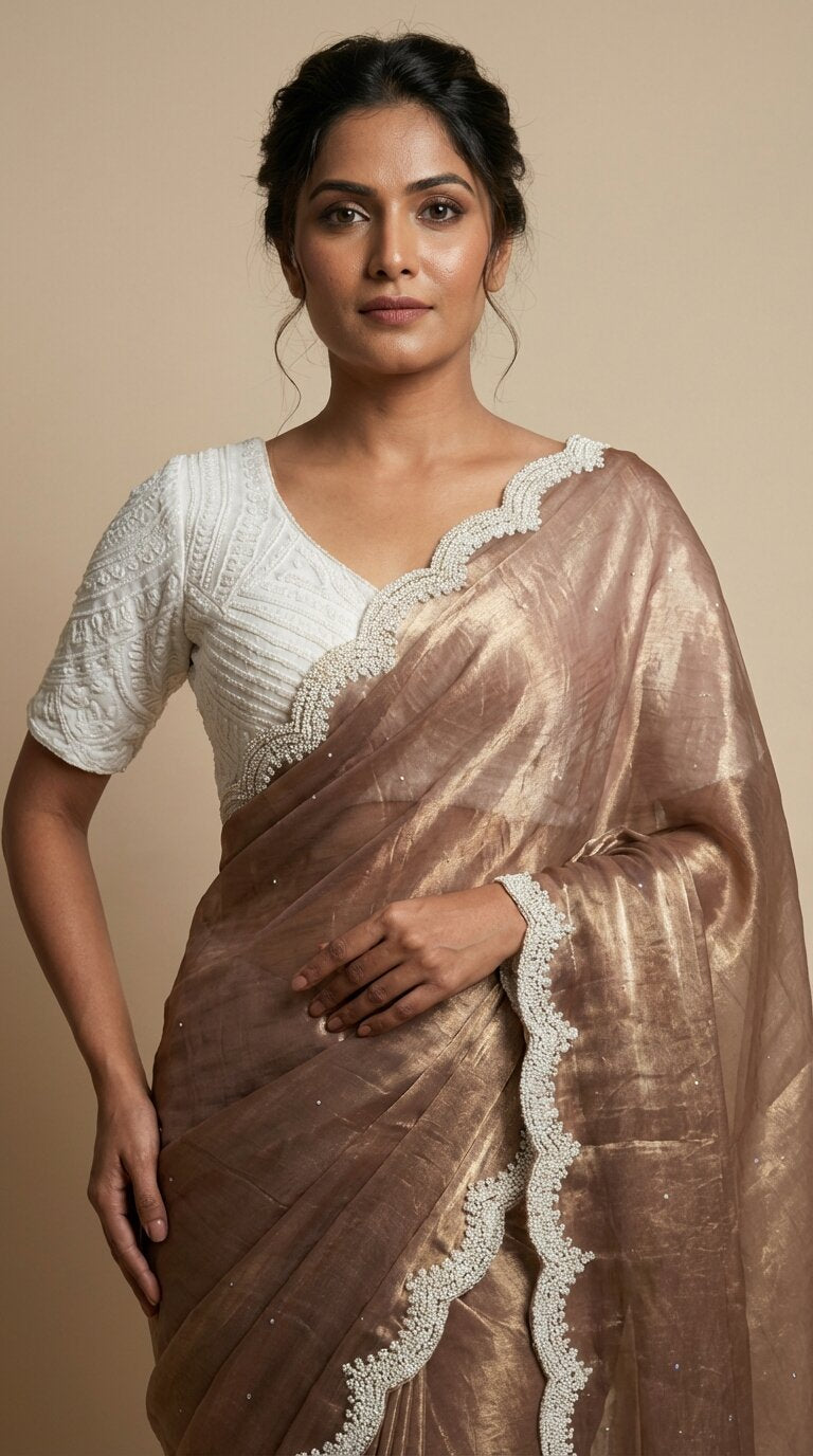 Coffee Brown Satin Tissue Saree