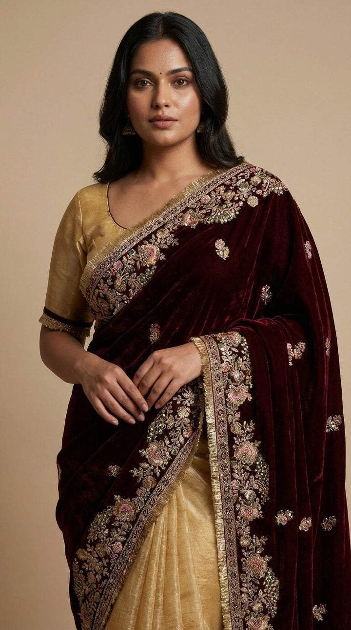Gold Tissue & Velvet Saree