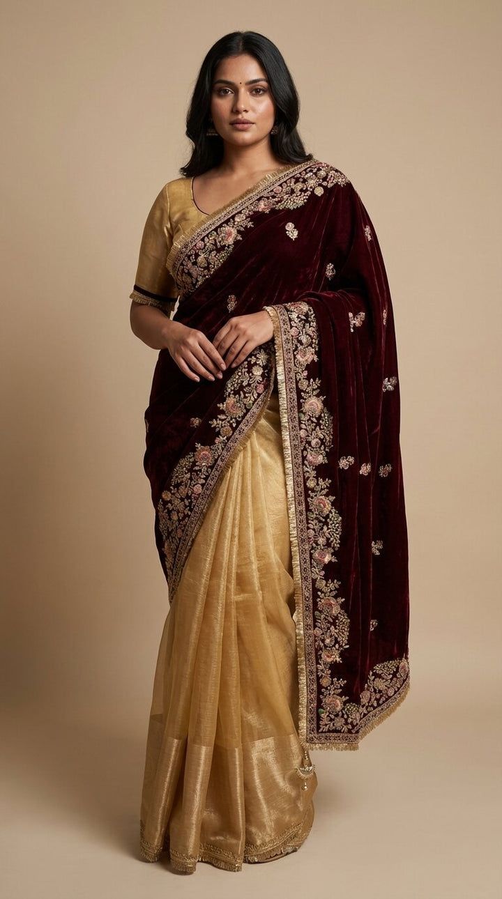 Gold Tissue & Velvet Saree