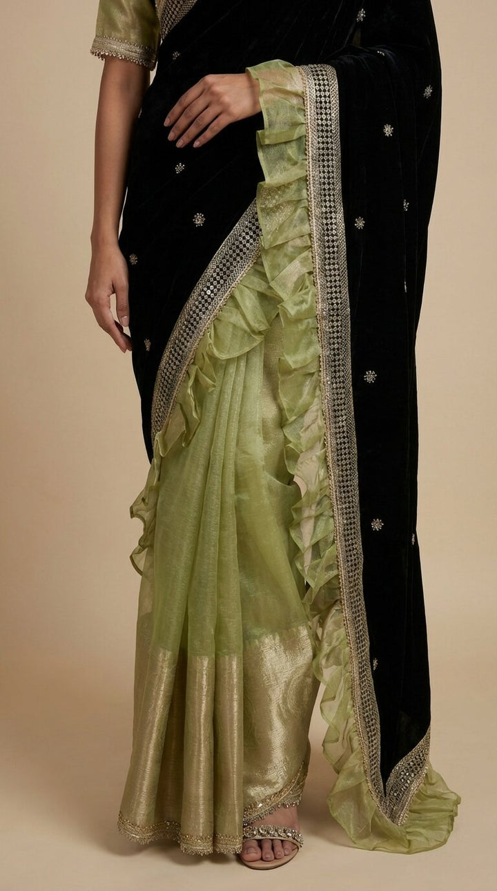 Green Tissue & Velvet Saree