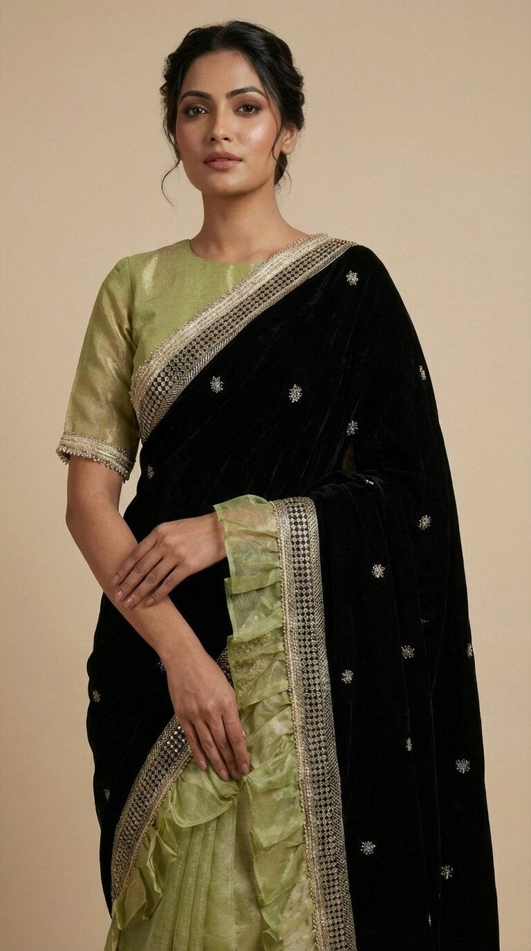 Green Tissue & Velvet Saree