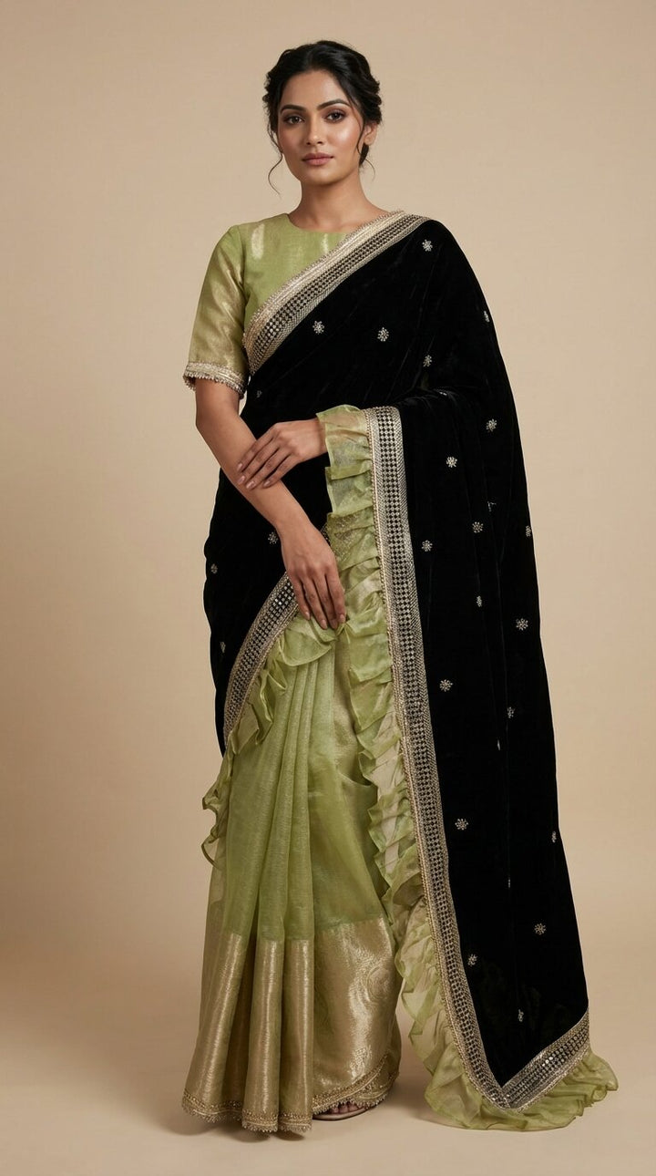 Green Tissue & Velvet Saree