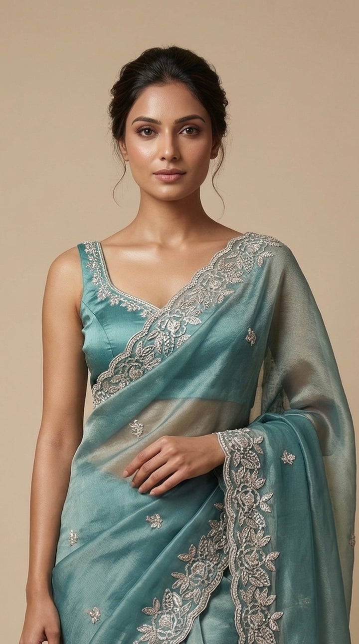 Turquoise Tissue Saree