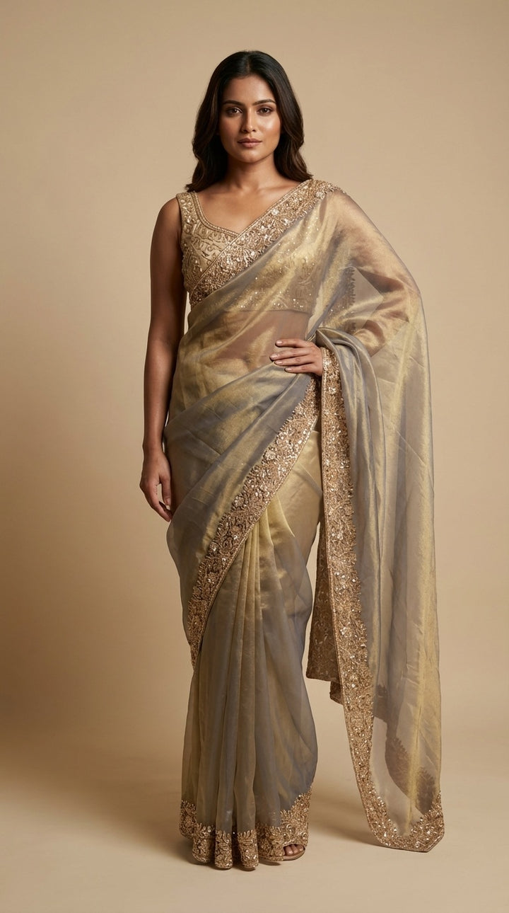 Leaf Grey Tissue Saree