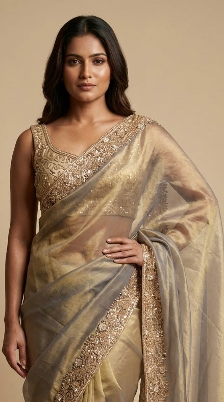 Leaf Grey Tissue Saree