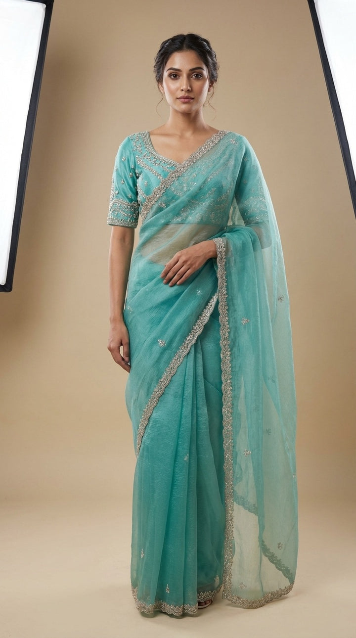 Firozi Crush Tissue saree