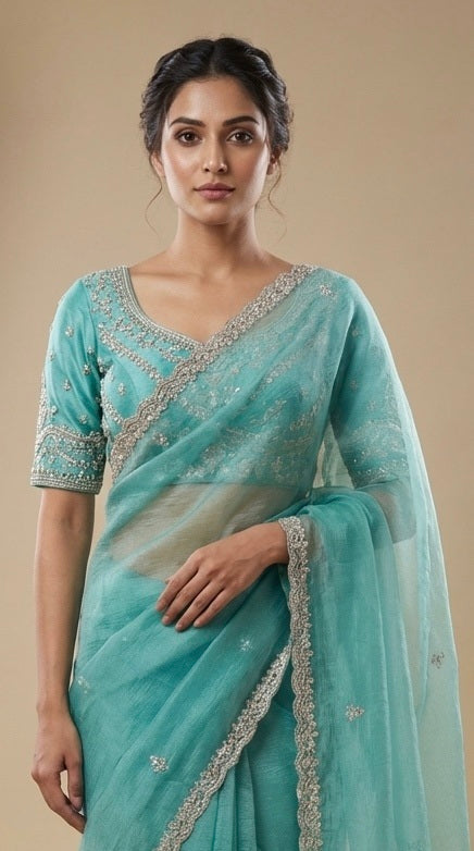 Firozi Crush Tissue saree