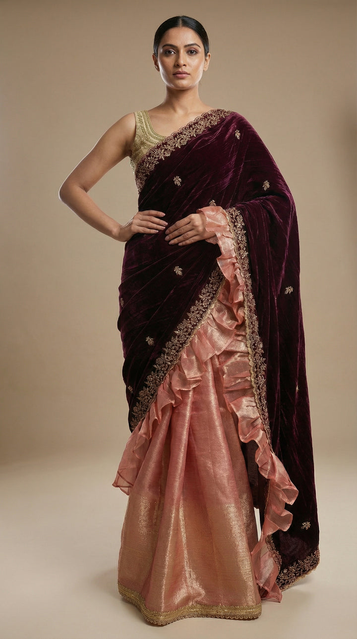 Pink Tissue & Velvet Saree