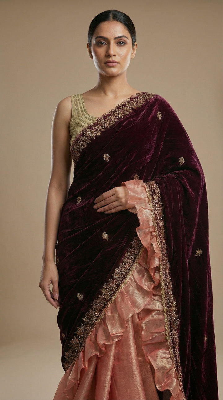 Pink Tissue & Velvet Saree