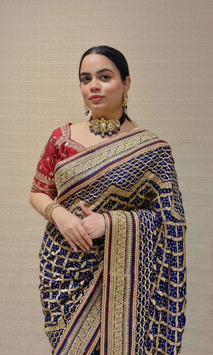 Navy Blue Khaddi Georgette Bandhani Saree