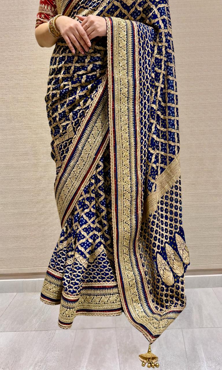 Navy Blue Khaddi Georgette Bandhani Saree