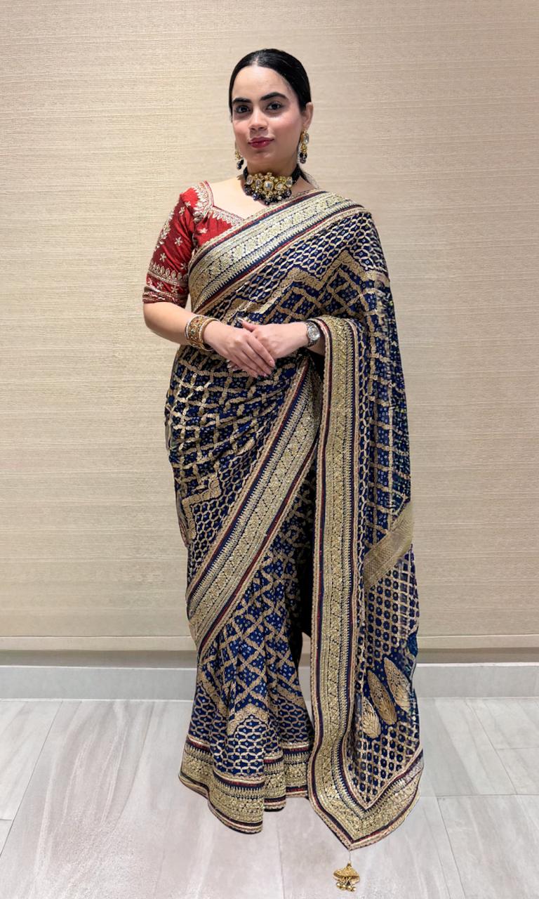 Navy Blue Khaddi Georgette Bandhani Saree