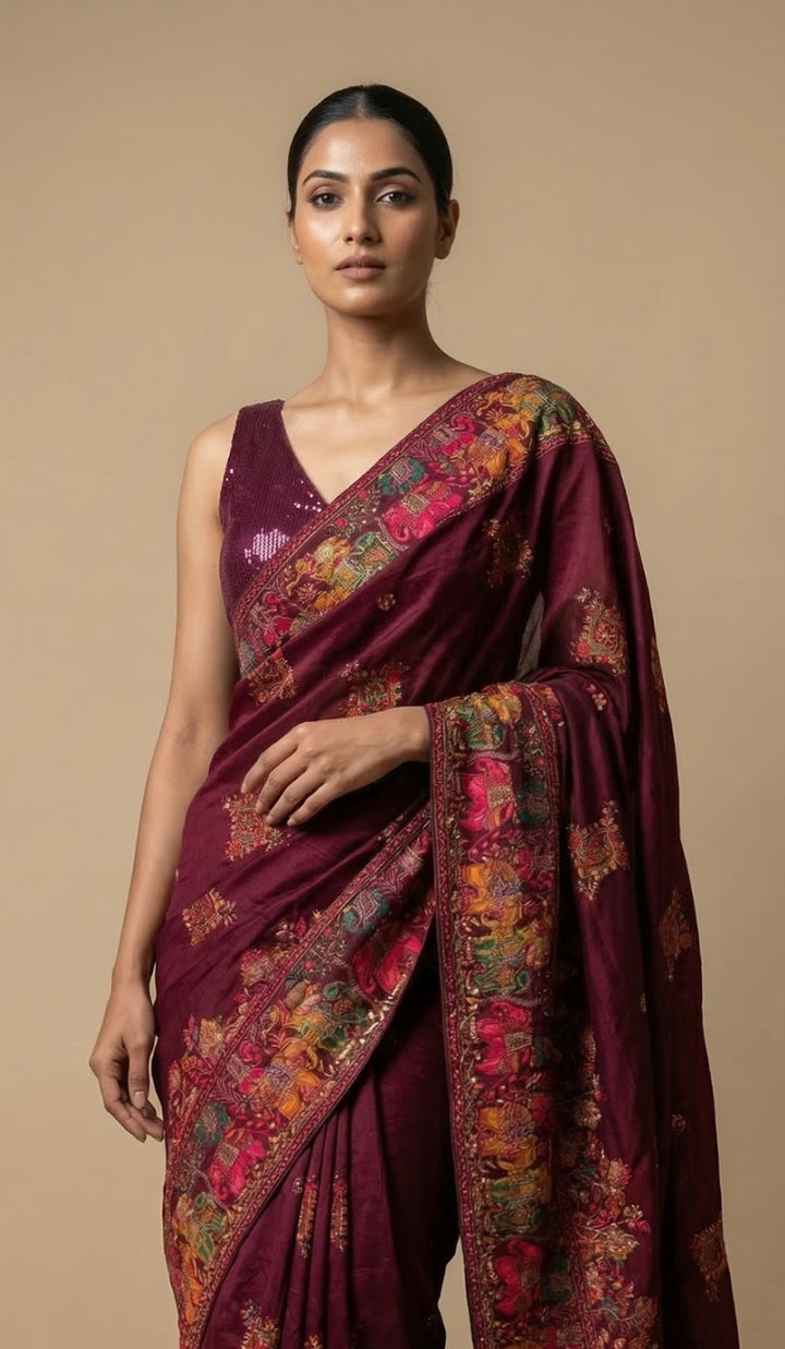 Wine Pashmina saree