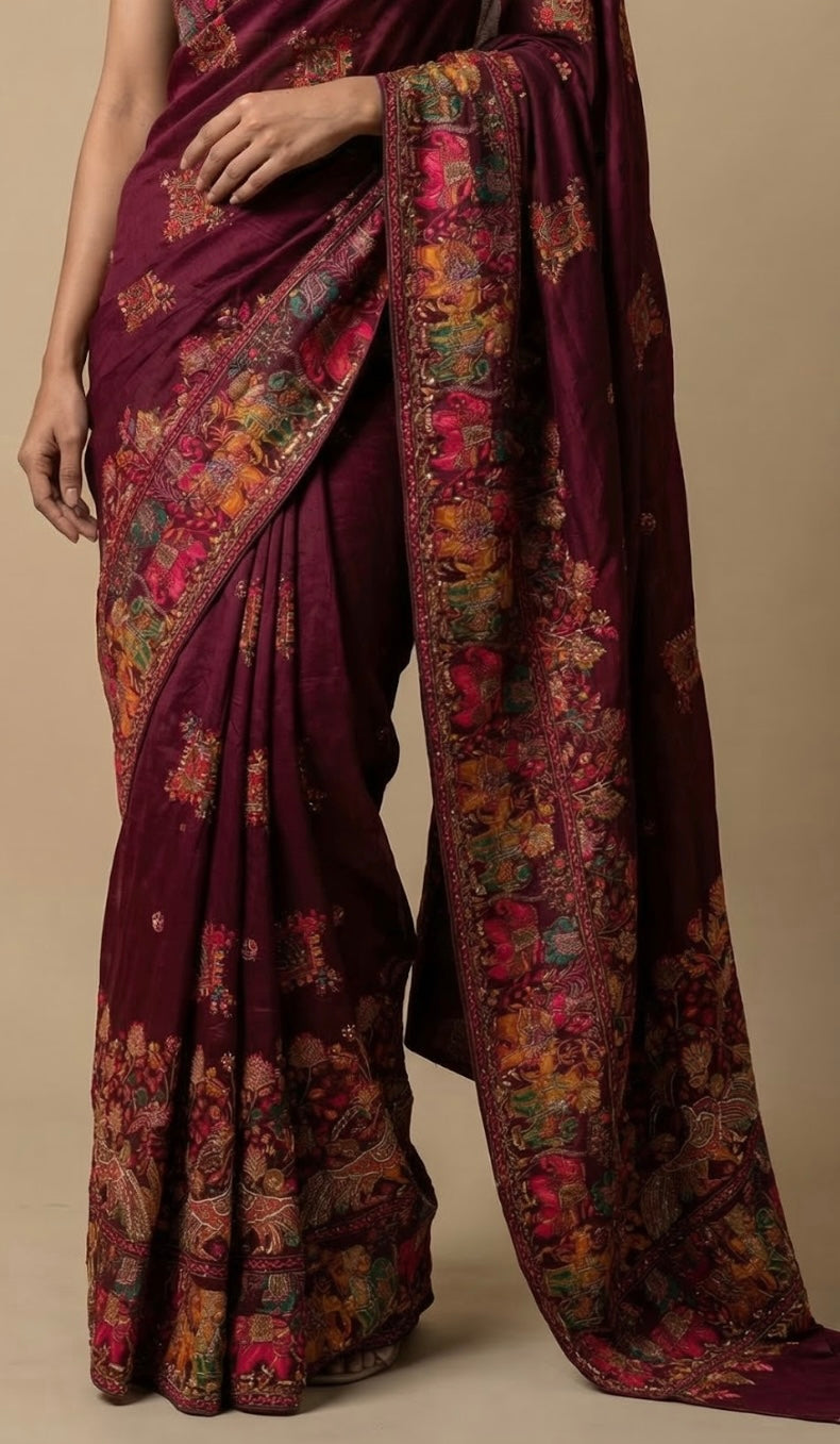 Wine Pashmina saree