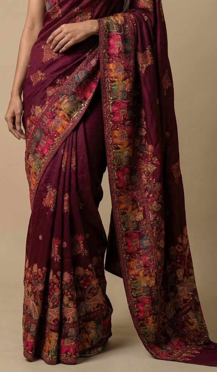 Wine Pashmina saree
