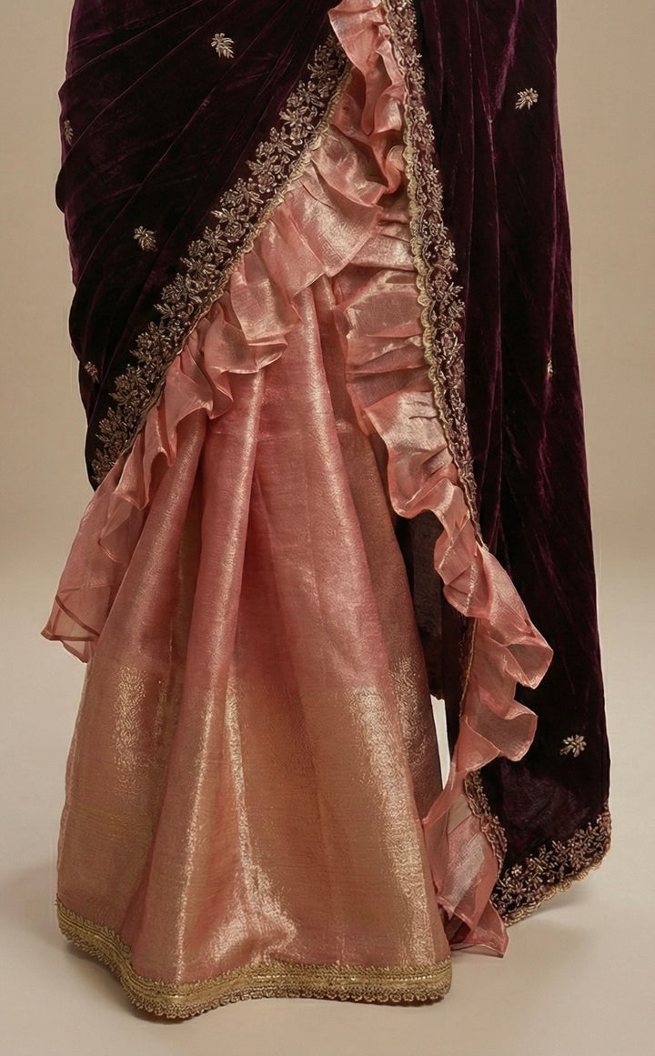 Pink Tissue & Velvet Saree