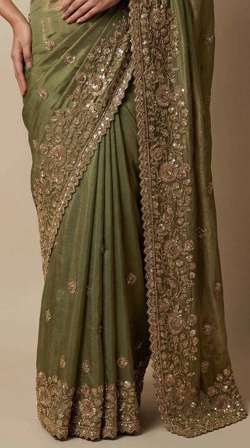 Lime green zardosi saree