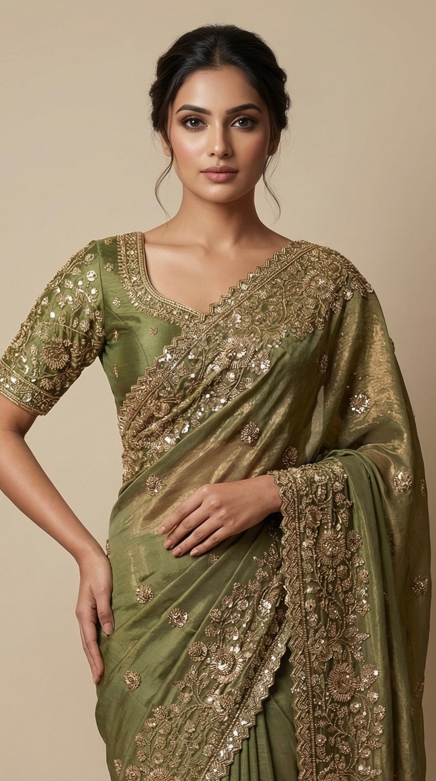 Lime green zardosi saree
