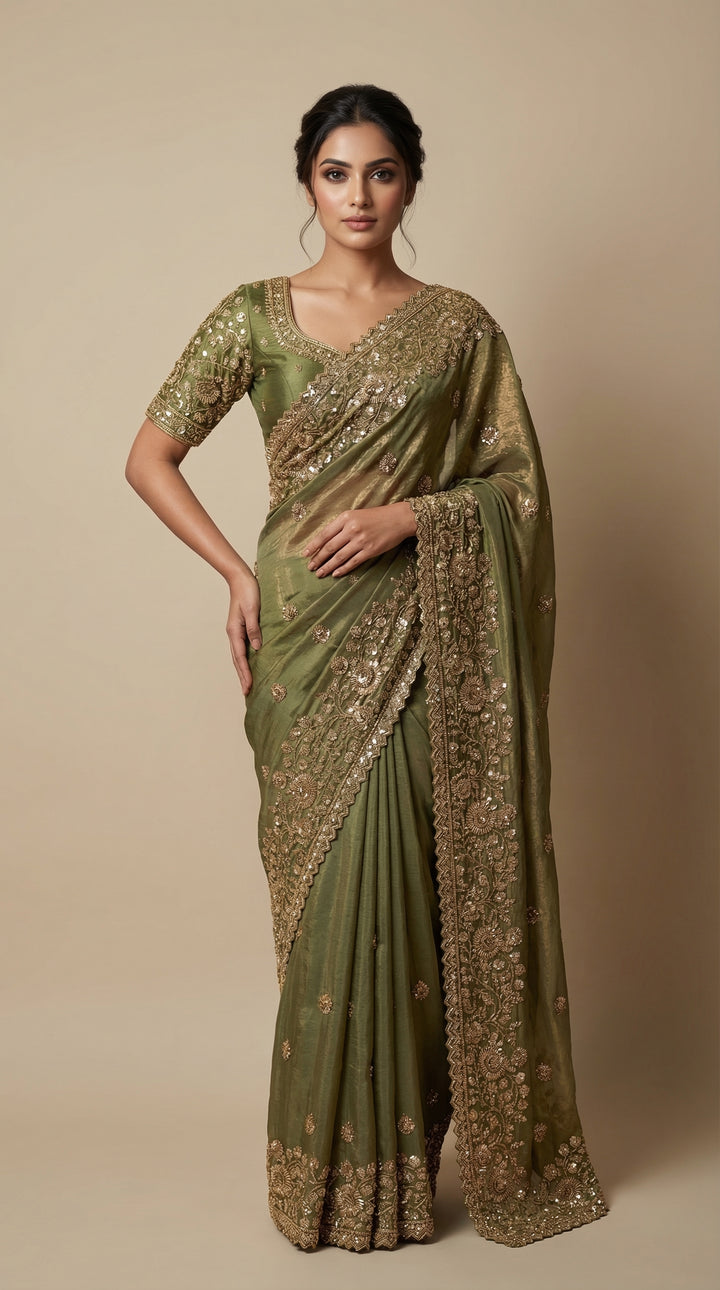 Lime green zardosi saree