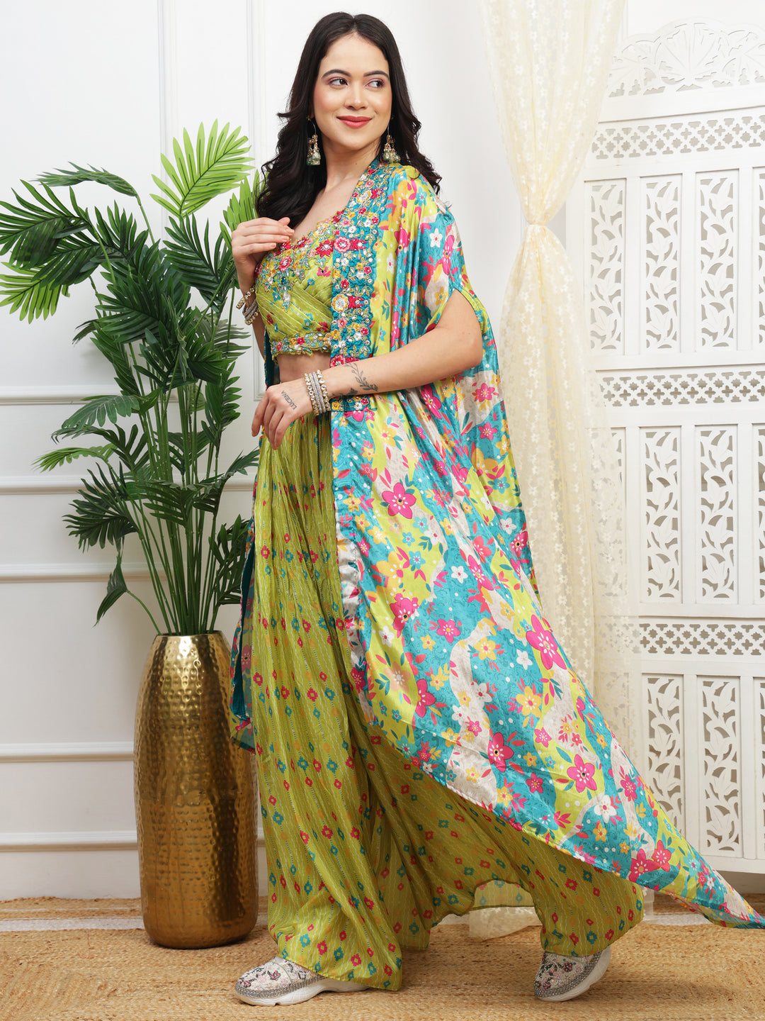 Neon Green Palazzo Cape Set