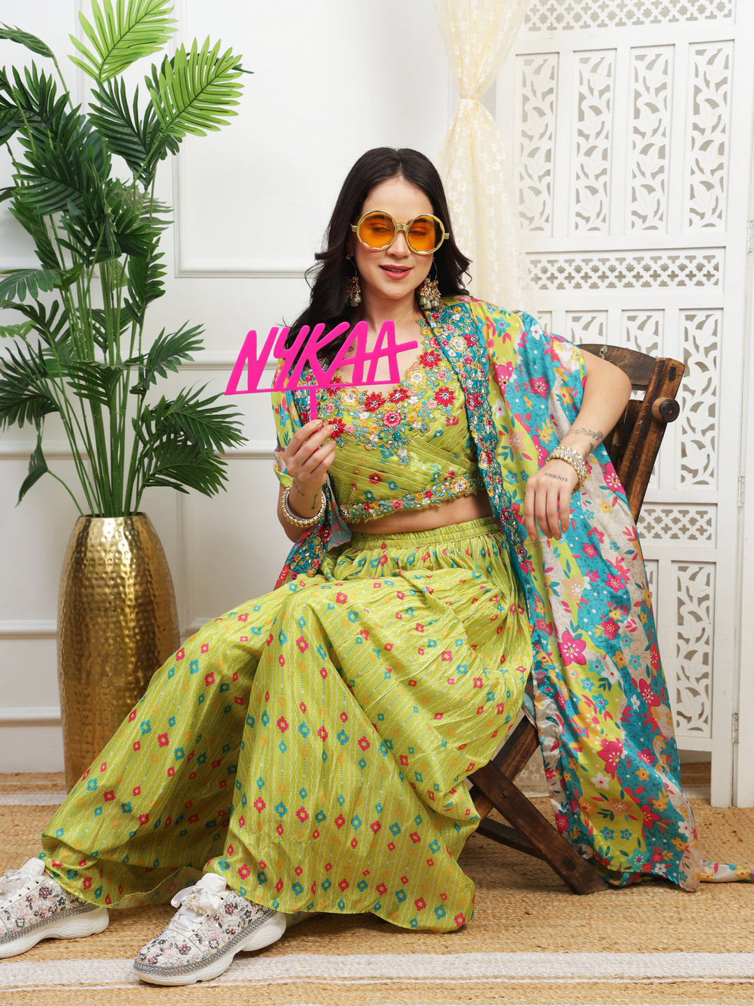 Neon Green Palazzo Cape Set