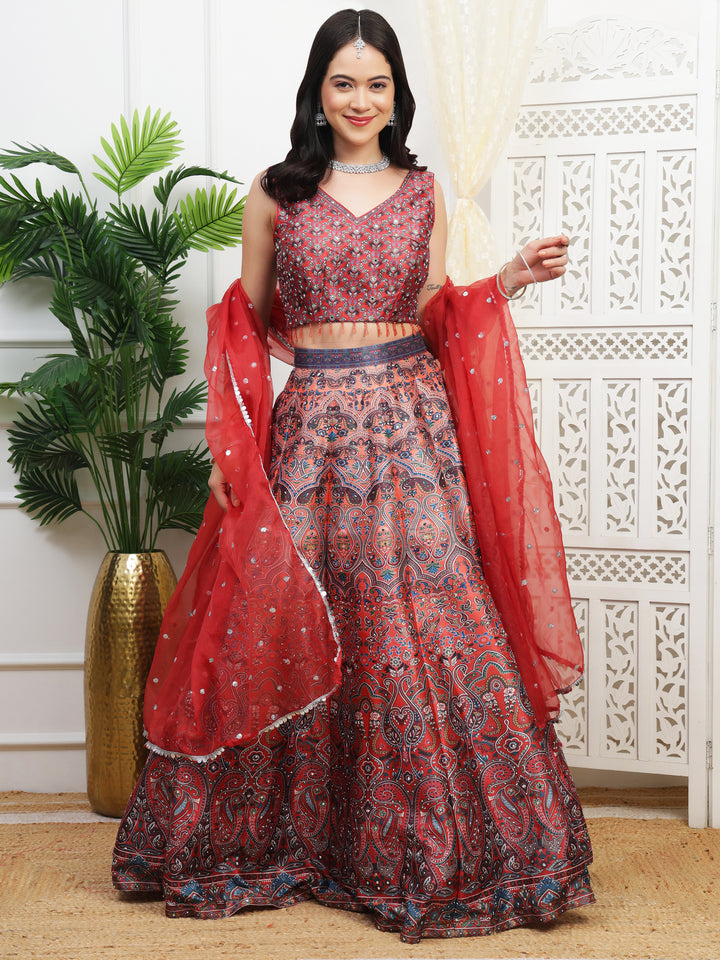 Red Printed Lehenga