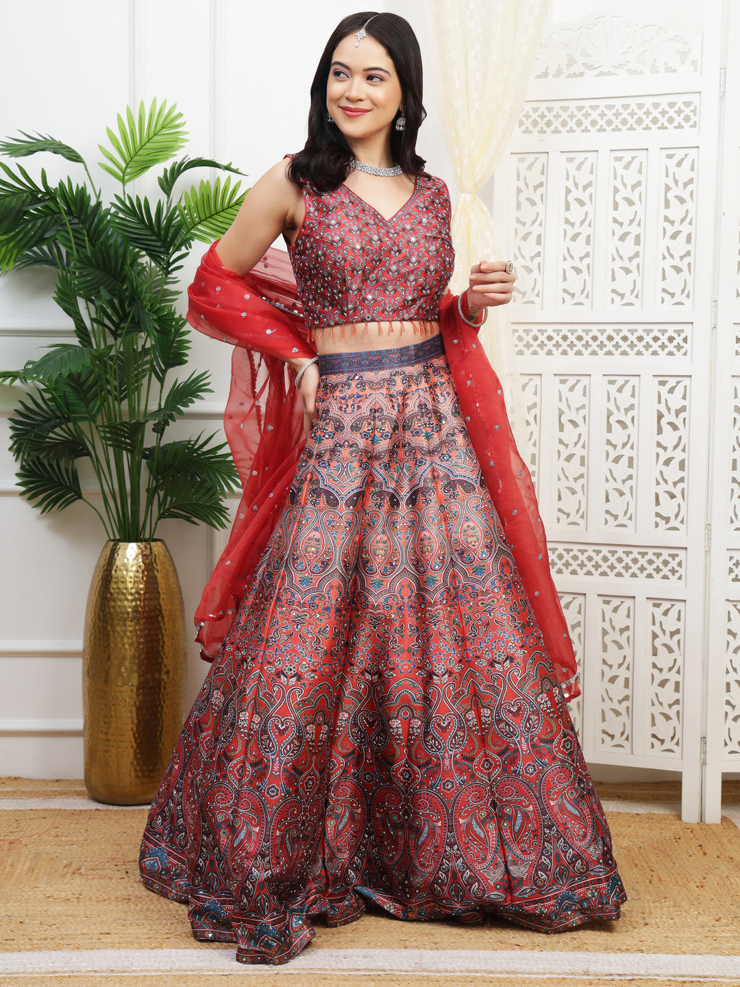 Red Printed Lehenga