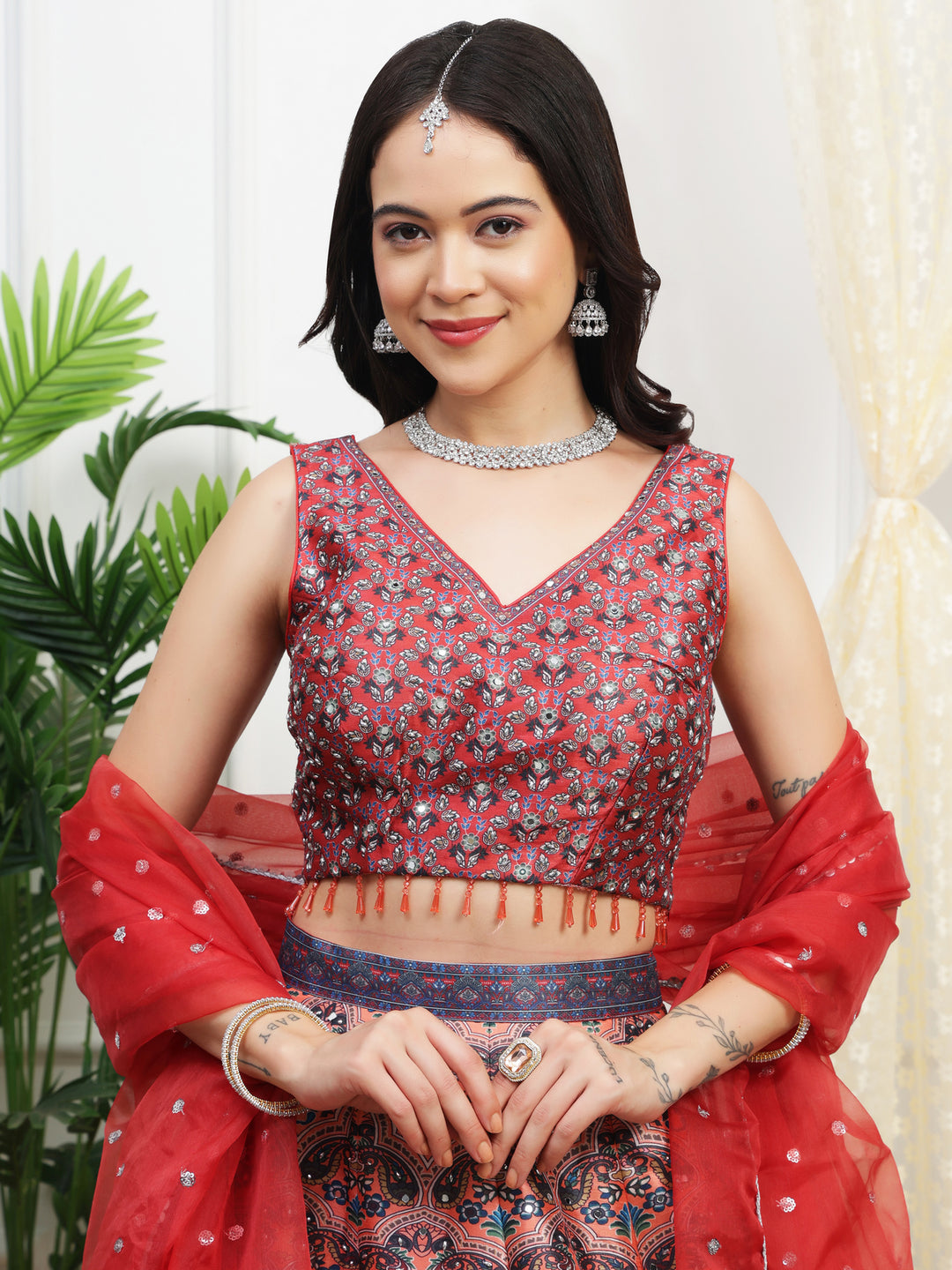 Red Printed Lehenga