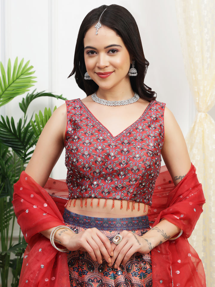 Red Printed Lehenga