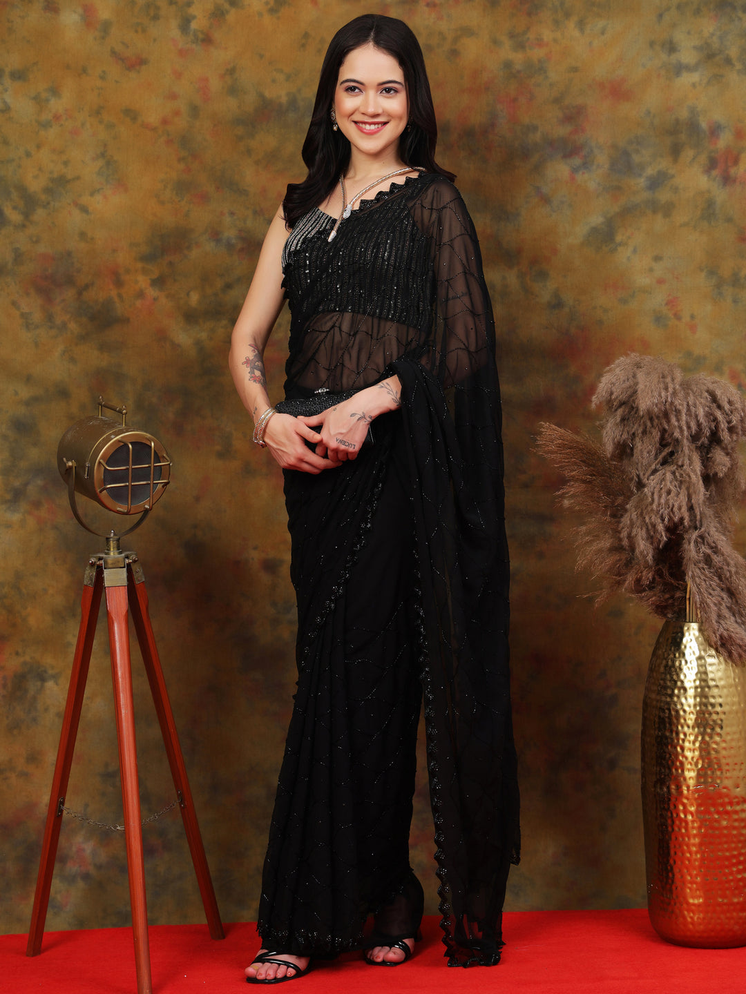 Black Georgette Sequin Saree