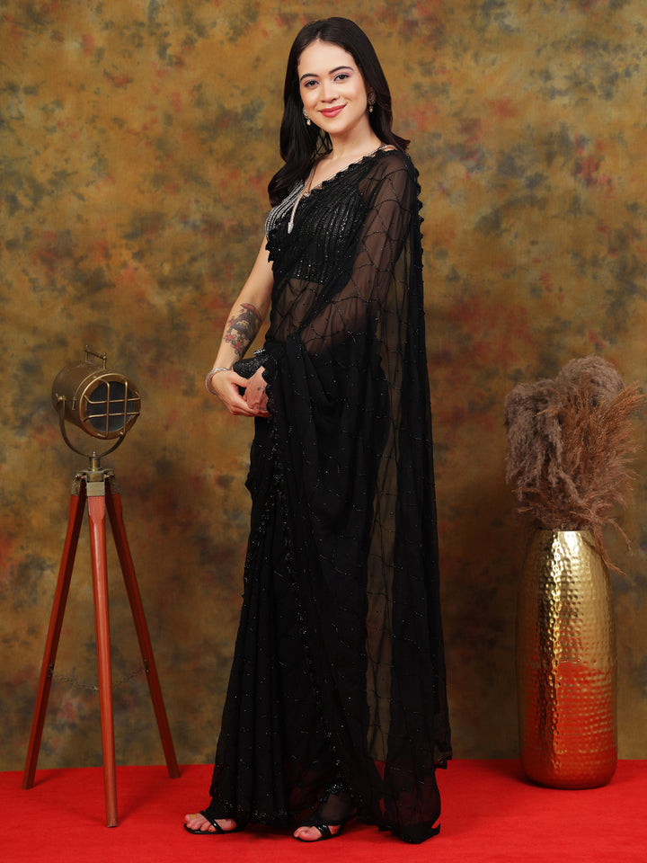 Black Georgette Sequin Saree