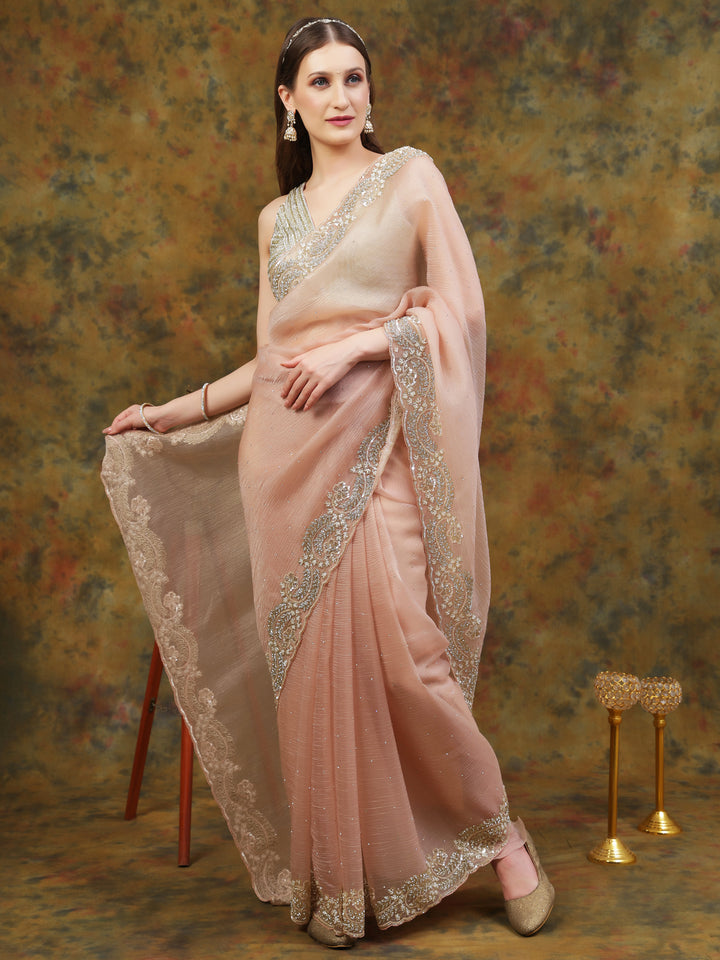 Peach Crepe Chiffon Saree